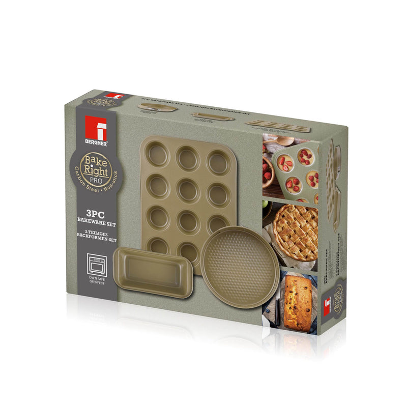 BERGNER BAKERIGHT PRO 3-PIECE CARBON STEEL BAKEWARE SET, TAN COLOR