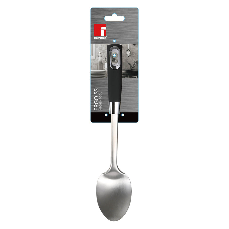 BERGNER ERGO STAINLESS STEEL COOKING SPOON 31X7.3 CM, BLACK/SILVER COLOR