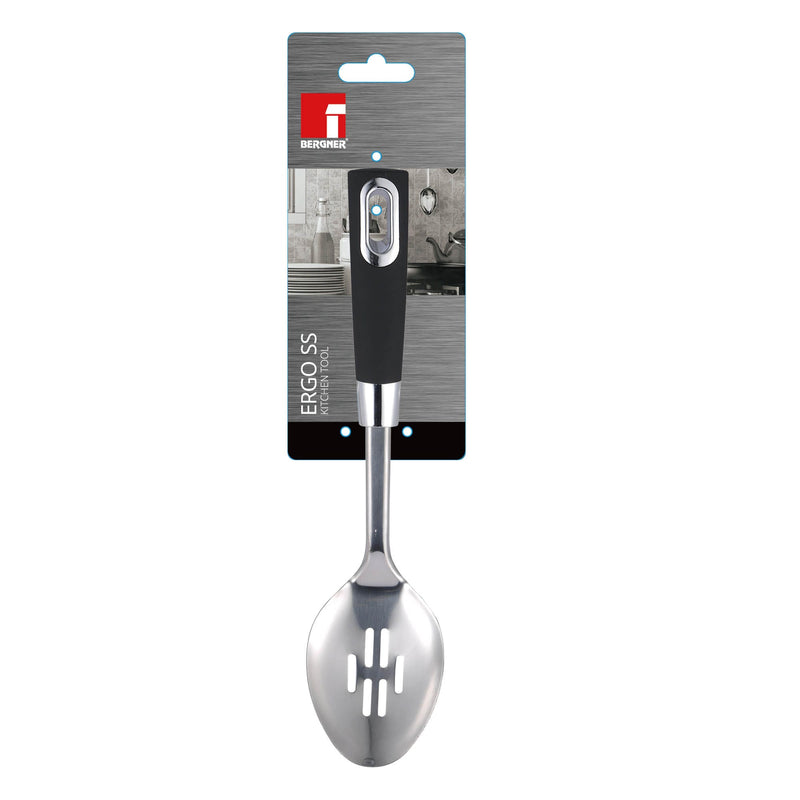 BERGNER ERGO STAINLESS STEEL SLOTTED SPOON 31.5X7 CM, BLACK/SILVER COLOR