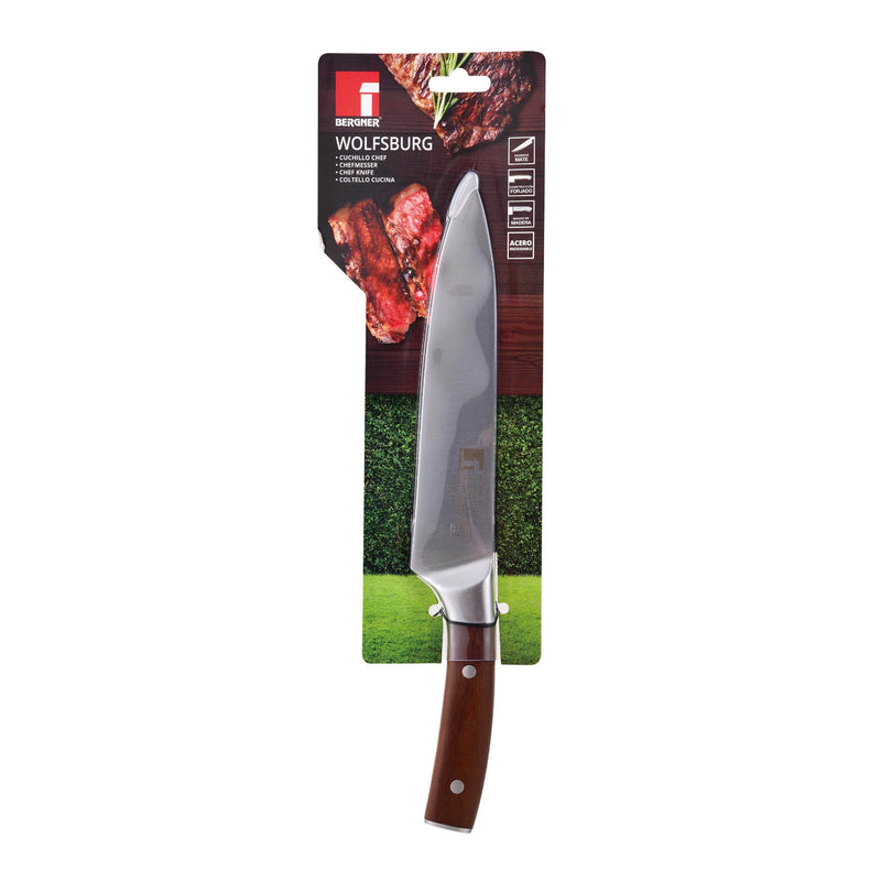 BERGNER WOLFSBURG STAINLESS STEEL CHEF KNIFE 20 CM WITH WOODEN HANDLE, BROWN/SILVER COLOR