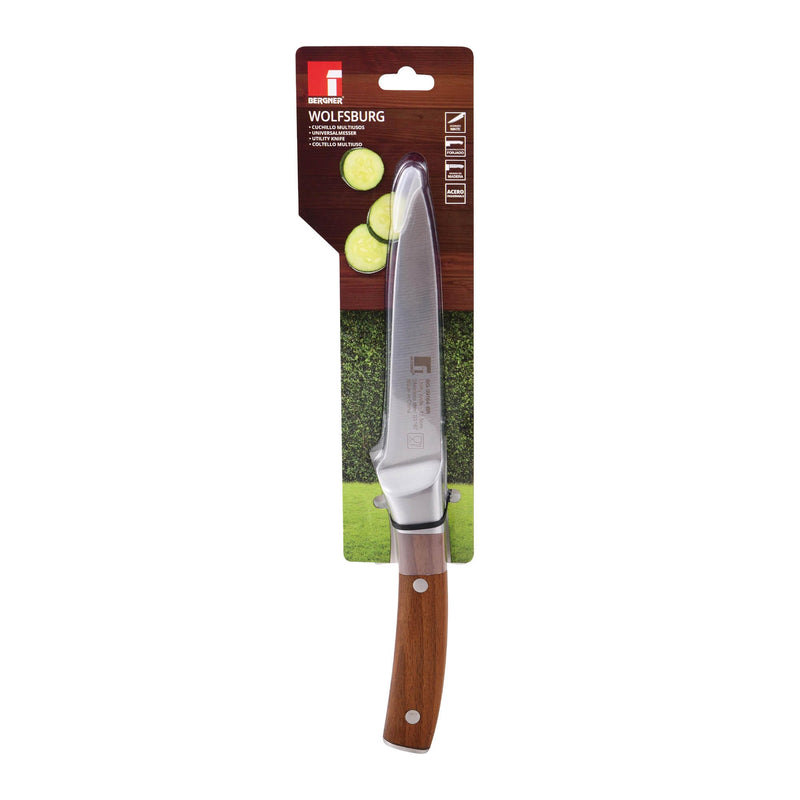 BERGNER WOLFSBURG STAINLESS STEEL UTILITY KNIFE 12.5 CM WITH WOODEN HANDLE, BROWN/SILVER COLOR