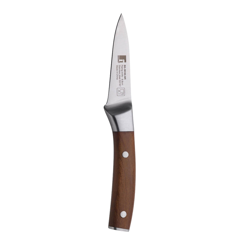 BERGNER WOLFSBURG STAINLESS STEEL PARING KNIFE 8.75 CM WITH WOODEN HANDLE, BROWN/SILVER COLOR