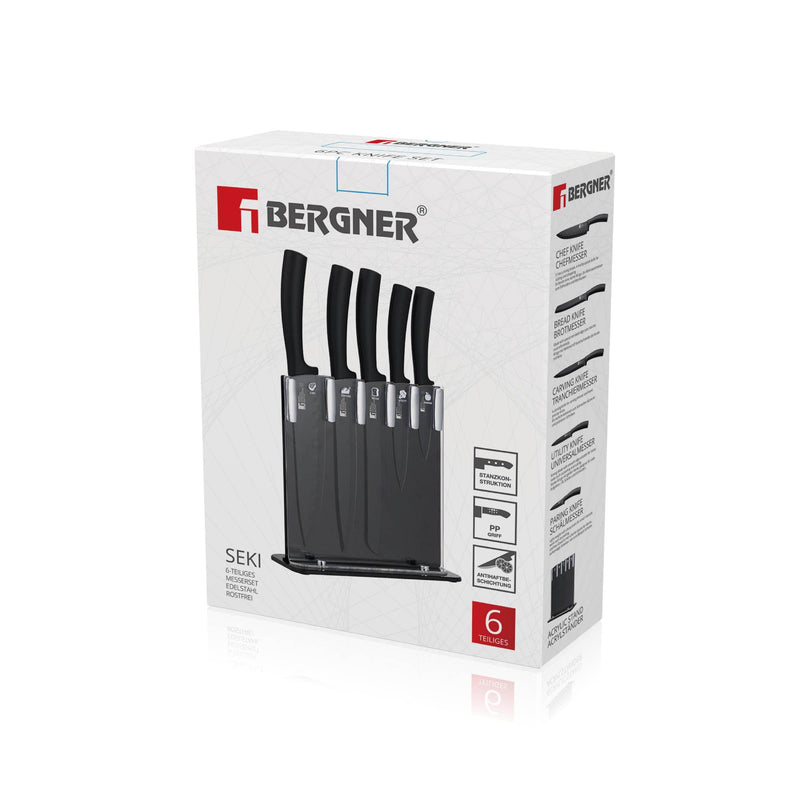 BERGNER SEKI 6 PIECE NON-STICK COATED KNIFE SET WITH STAND, BLACK COLOR