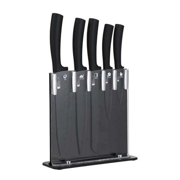 BERGNER SEKI 6 PIECE NON-STICK COATED KNIFE SET WITH STAND, BLACK COLOR