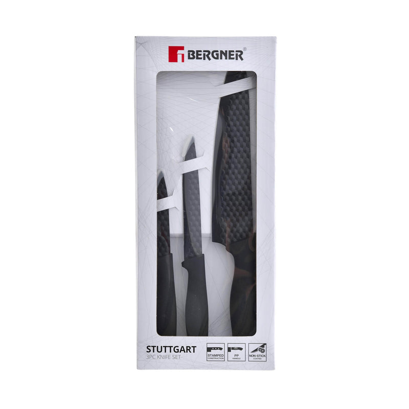 BERGNER STUTTGART 3 PIECE STAINLESS STEEL NON-STICK COATED KNIFE SET, BLACK COLOR