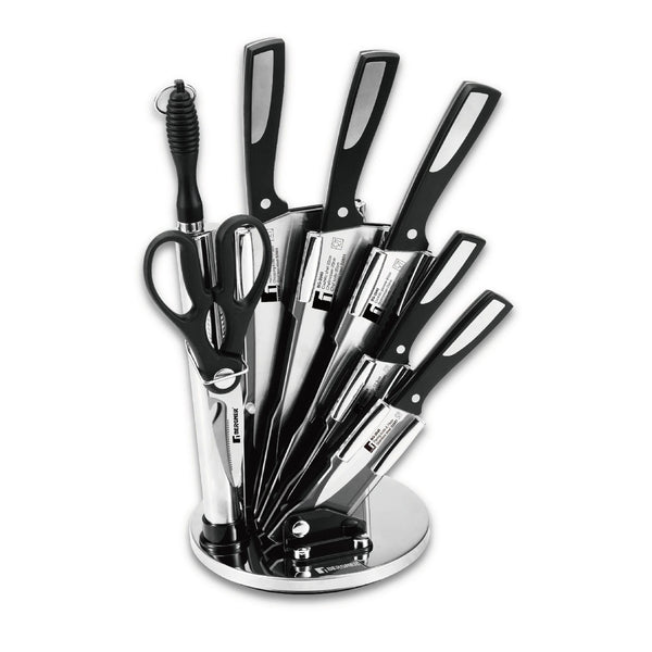 BERGNER RESA 8 PIECE STAINLESS STEEL KNIFE SET WITH STAND, BLACK/SILVER COLOR