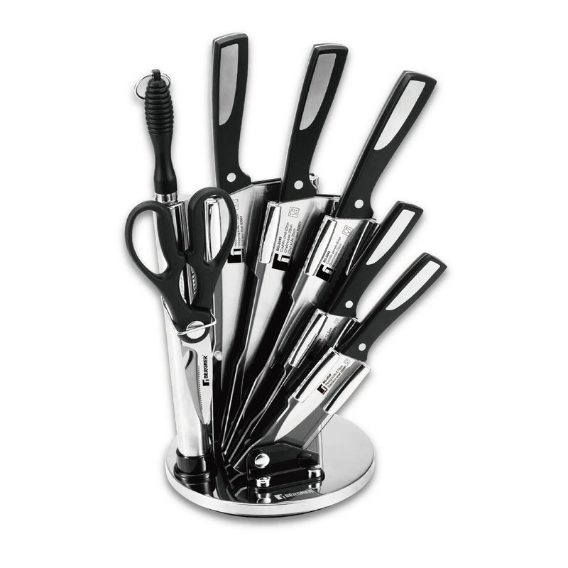 BERGNER RESA 8 PIECE STAINLESS STEEL KNIFE SET WITH STAND, BLACK/SILVER COLOR