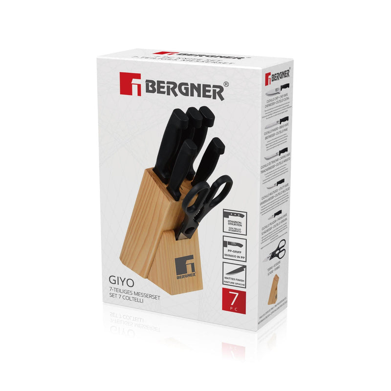 BERGNER GIYO 7 PIECE STAINLESS STEEL KNIFE SET WITH WOODEN BLOCK, BLACK COLOR