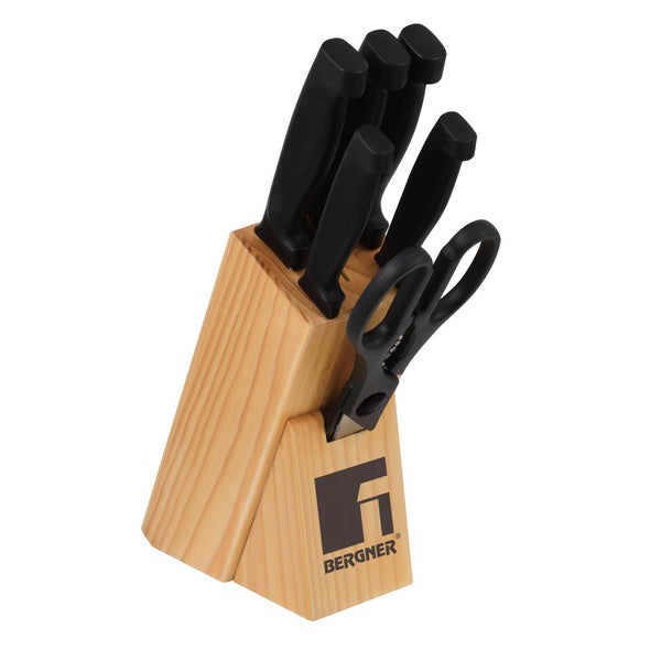 BERGNER GIYO 7 PIECE STAINLESS STEEL KNIFE SET WITH WOODEN BLOCK, BLACK COLOR