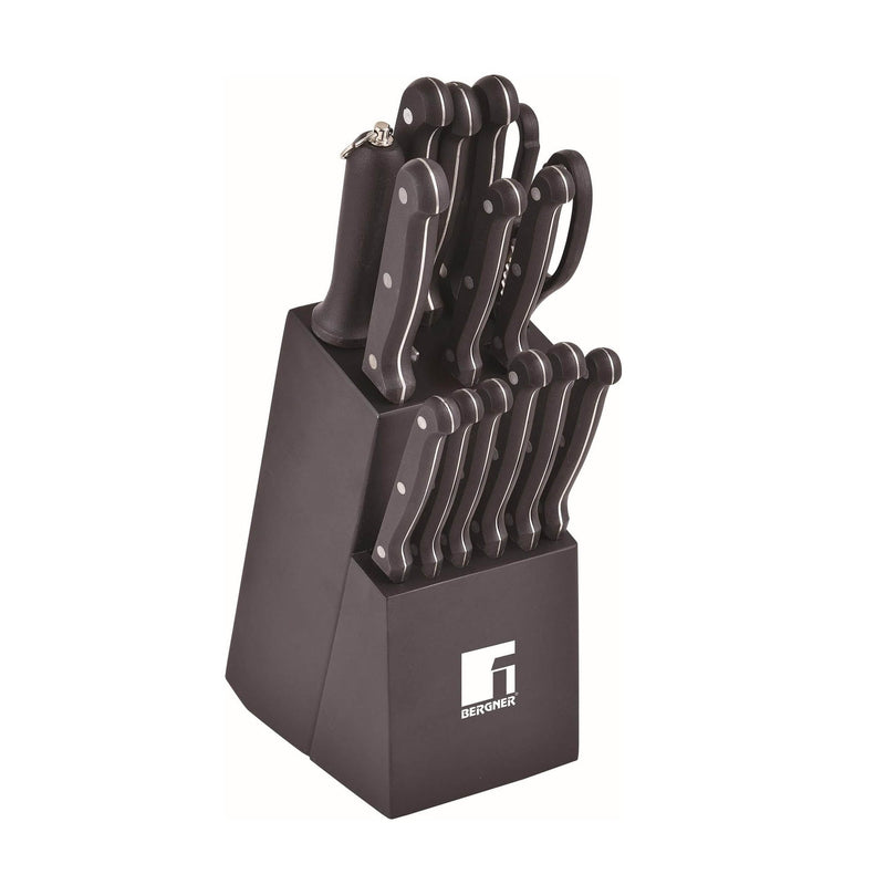 BERGNER LEIPZIG 15 PIECE STAINLESS STEEL KNIFE SET WITH STAND, BLACK COLOR