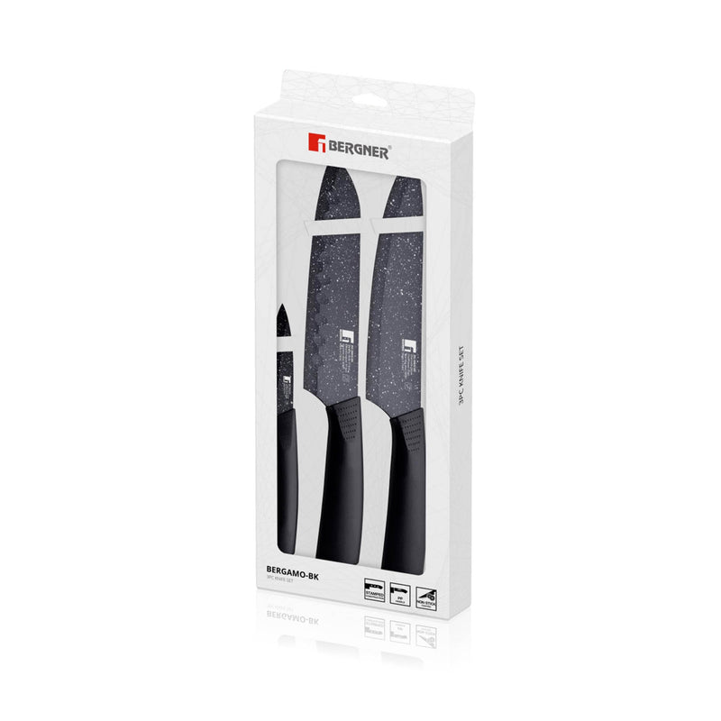 BERGNER BERGAMO 3 PIECE STAINLESS STEEL NON-STICK COATED KNIFE SET, BLACK COLOR