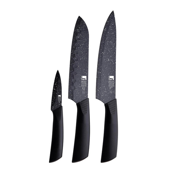 BERGNER BERGAMO 3 PIECE STAINLESS STEEL NON-STICK COATED KNIFE SET, BLACK COLOR