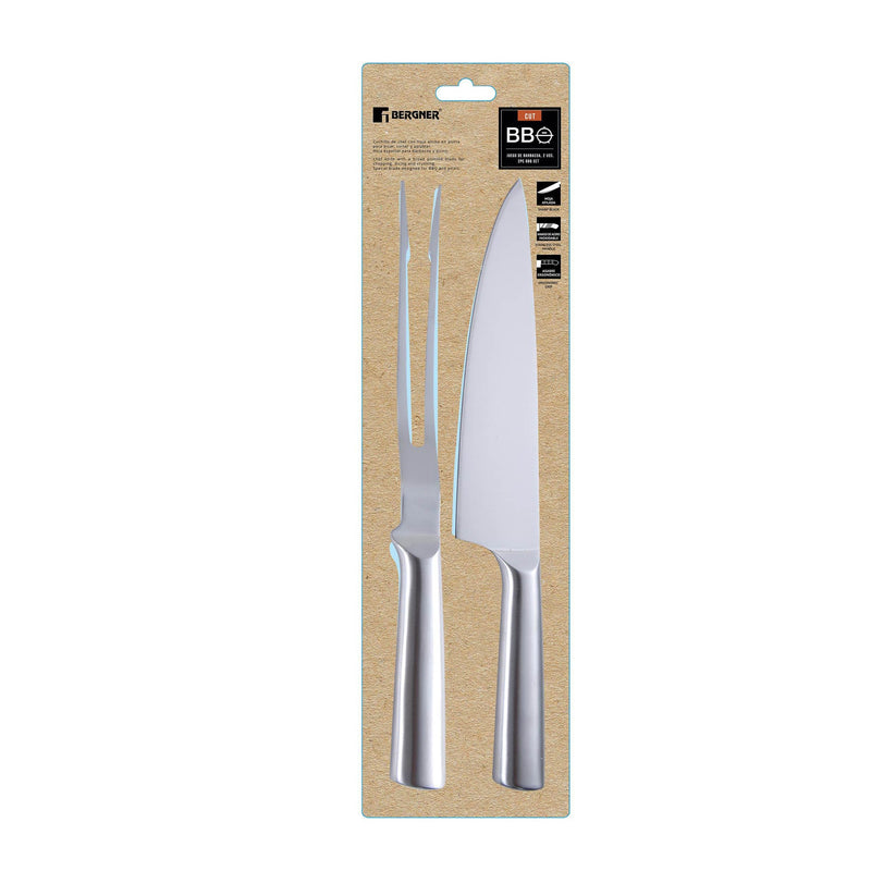 BERGNER 2 PIECE STAINLESS STEEL BBQ KNIFE+MEAT FORK SET