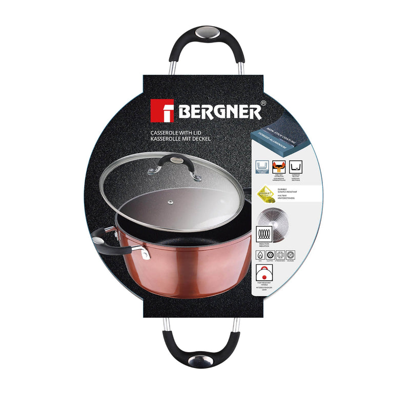 BERGNER PANDORA FORGED ALUMINUM INDUCTION BOTTOM NON-STICK CASSEROLE WITH LID 24X10 CM, COPPER COLOR