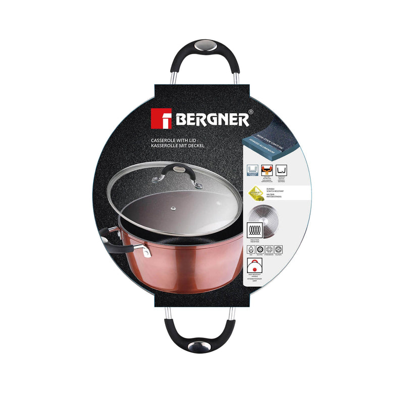 BERGNER PANDORA FORGED ALUMINUM INDUCTION BOTTOM NON-STICK CASSEROLE WITH LID 28X12 CM, COPPER COLOR