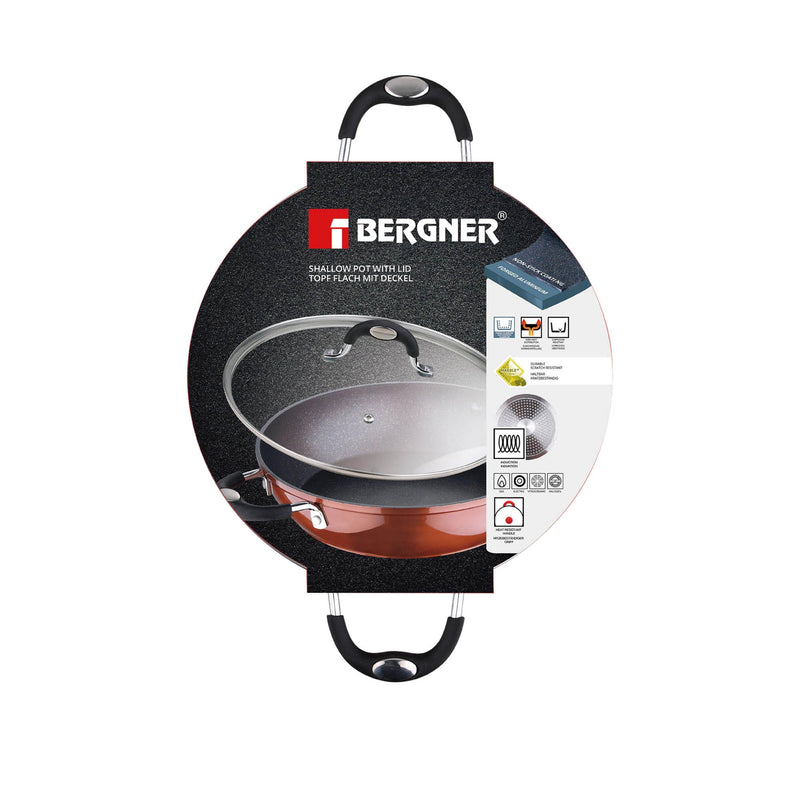 BERGNER PANDORA FORGED ALUMINUM INDUCTION BOTTOM NON-STICK SHALLOW POT WITH LID 28X7.5 CM, COPPER COLOR