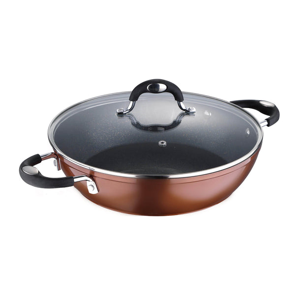 BERGNER PANDORA FORGED ALUMINUM INDUCTION BOTTOM NON-STICK SHALLOW POT WITH LID 28X7.5 CM, COPPER COLOR