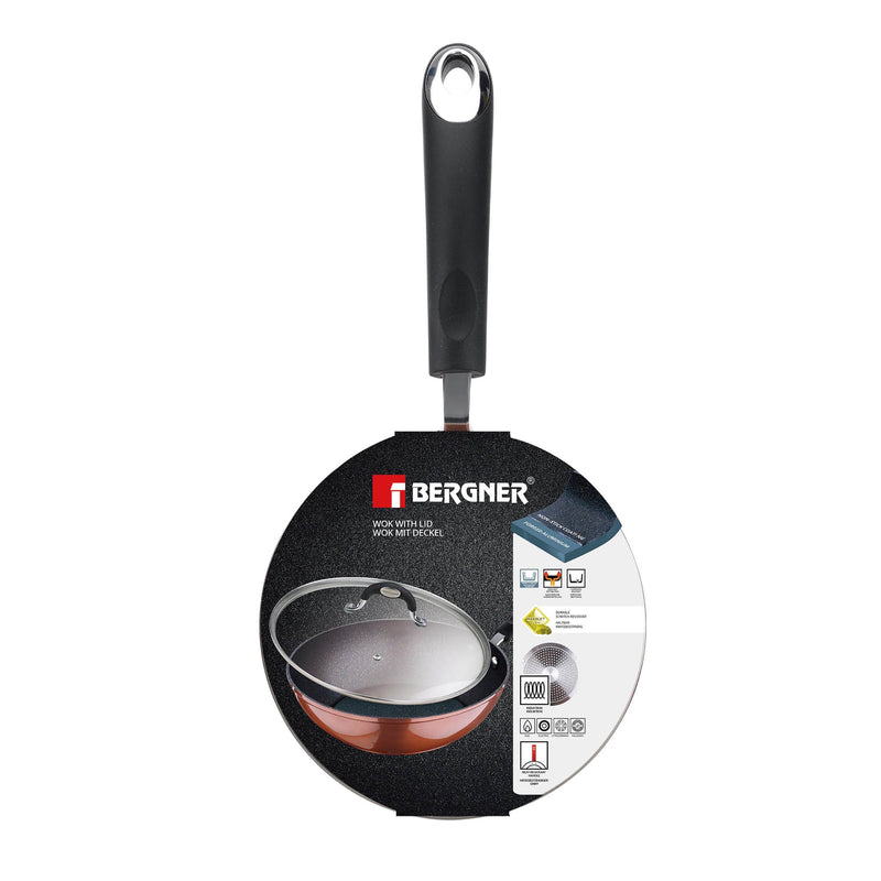 BERGNER PANDORA FORGED ALUMINUM INDUCTION BOTTOM NON-STICK WOK WITH LID 28X7.2 CM, COPPER COLOR