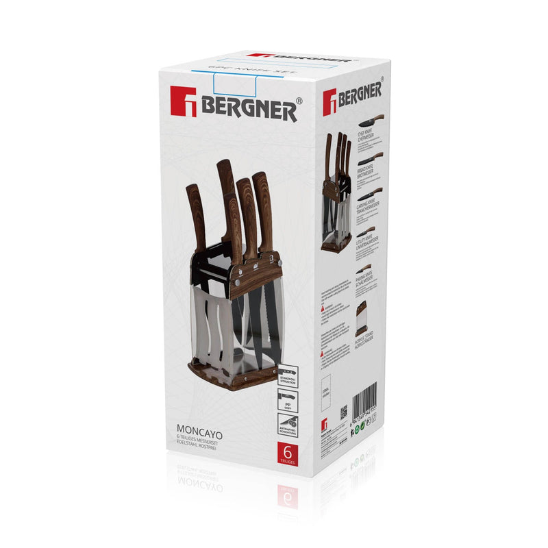 BERGNER MONCAYO 6 PIECE STAINLESS STEEL KNIFE SET WITH STAND, BROWN COLOR