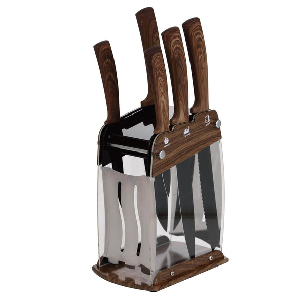 BERGNER MONCAYO 6 PIECE STAINLESS STEEL KNIFE SET WITH STAND, BROWN COLOR