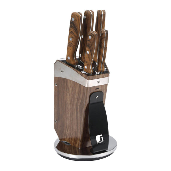 BERGNER GUSTORF 6 PIECE STAINLESS STEEL KNIF SET WITH STAND, BROWN/SILVER COLOR