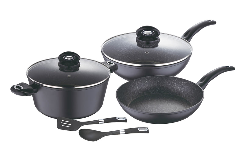 BERGNER ORION 7 PIECE FORGED ALUMINUM NON-STICK COOKWARE SET WITH INDUCTION BOTTOM, BLACK COLOR