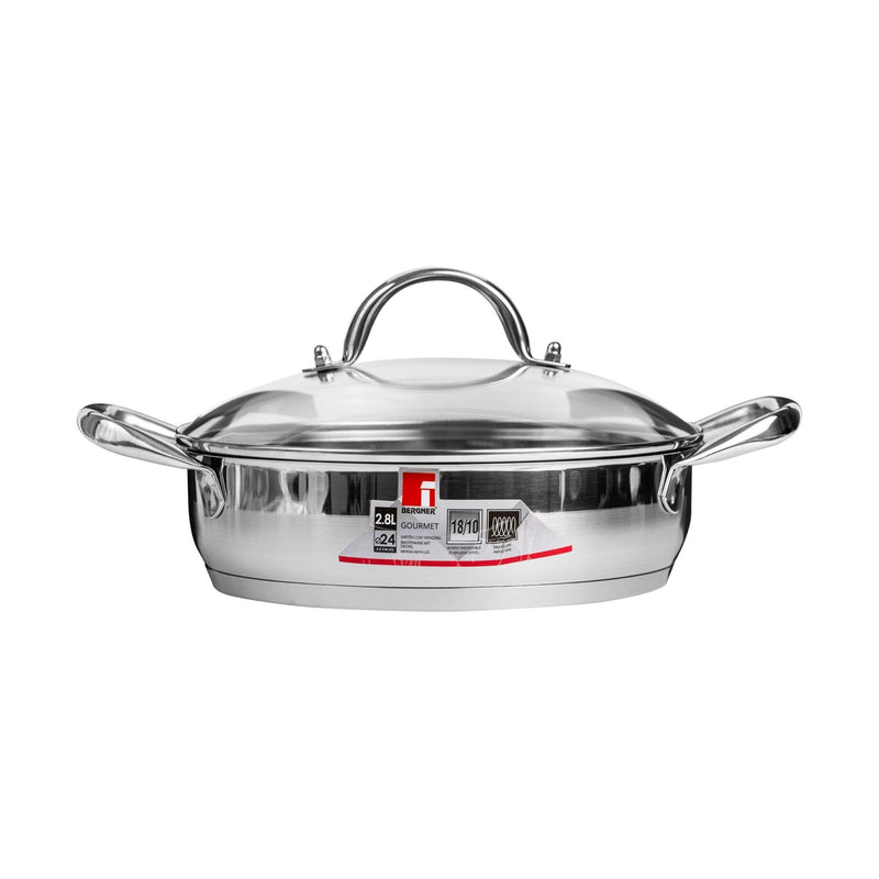 BERGNER GOURMET STAINLESS STEEL INDUCTION BOTTOM SHALLOW POT WITH LID 24 CM