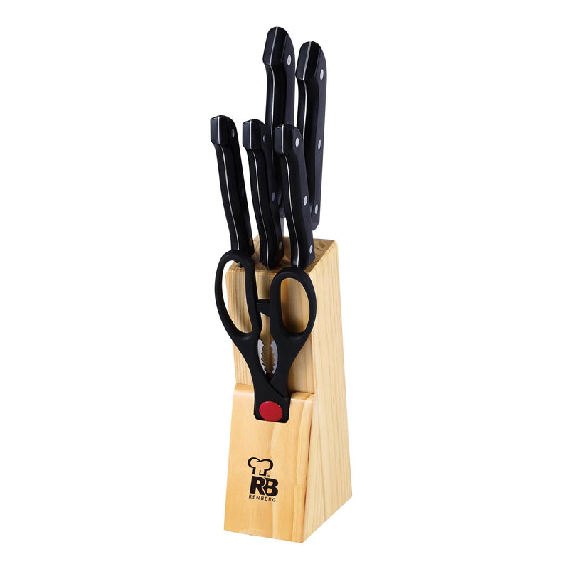 RENBERG DRESDE 7 PIECE STAINLESS STEEL KNIFE SET WITH WOODEN BLOCK, BLACK/BROWN COLOR