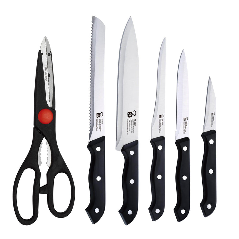 RENBERG DRESDE 7 PIECE STAINLESS STEEL KNIFE SET WITH WOODEN BLOCK, BLACK/BROWN COLOR