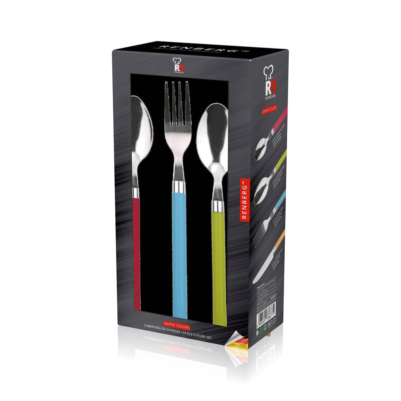 RENBERG HAPPIE COLORS 24 PIECE STAINLESS STEEL CUTLERY SET WITH PLASTIC HANDLE, MULTI COLOR