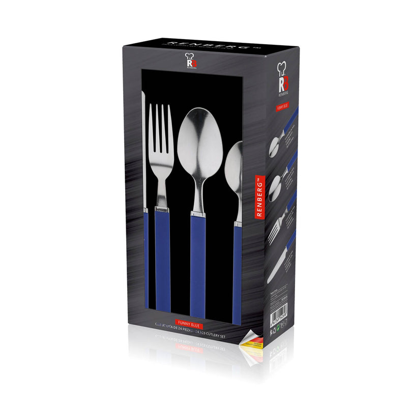 RENBERG FUNNY BLUE 24 PIECE STAINLESS STEEL CUTLERY SET WITH PLASTIC HANDLE, BLUE COLOR