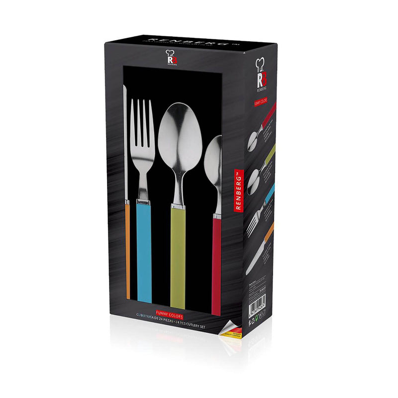 RENBERG FUNNY COLORS 24 PIECE STAINLESS STEEL CUTLERY SET WITH PLASTIC HANDLE, MULTI COLOR