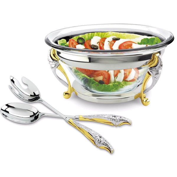 REGENT MALIAKA STAINLESS STEEL SALAD BOWL WITH SERVERS 30 CM, GOLD COLOR