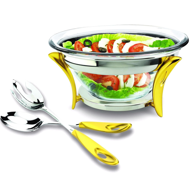 REGENT O2 STAINLESS STEEL SALAD BOWL WITH SERVERS 30 CM, GOLD COLOR