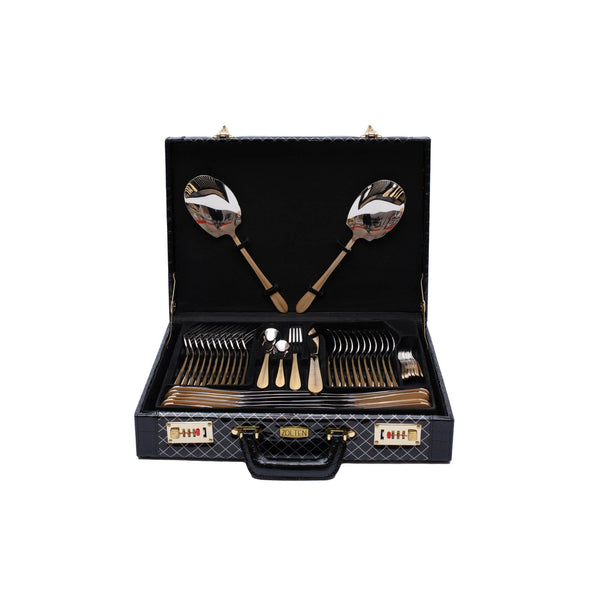 ZOLTEN 86 PIECE GOLD & SATIN STAINLESS STELL CUTLERY SET, GOLD COLOR