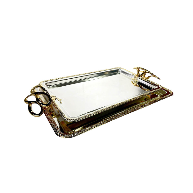 ZOLTEN SILVERPLATED 2PC EXTRA LARGE AND LARGE SIZES RECTANGLE TRAY SET  50.5X34.5 / 43.5X29.7 CM, GOLD/SILVER COLOUR