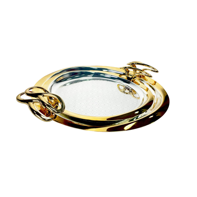 ZOLTEN SILVERPLATED 2PC LARGE AND MEDIUM SIZES ROUND TRAY SET 37.8 / 30.8 CM, GOLD/SILVER COLOUR