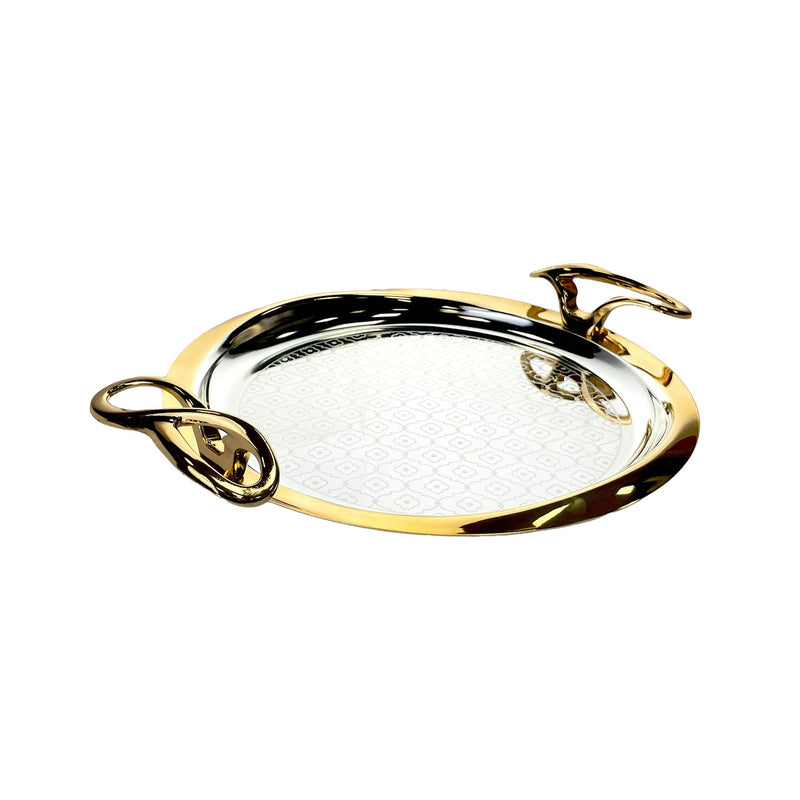 ZOLTEN SILVERPLATED 2PC LARGE AND MEDIUM SIZES ROUND TRAY SET 37.8 / 30.8 CM, GOLD/SILVER COLOUR